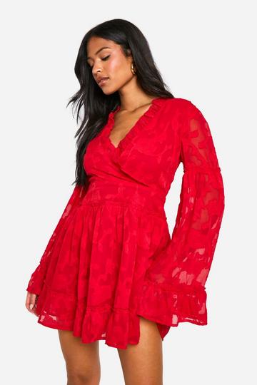 Red Tall Burnout Floral Ruffle Skater Dress