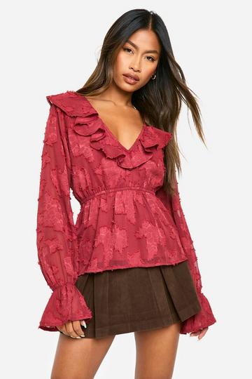 Burnout Floral Ruffle Neck And Cuff Blouse berry