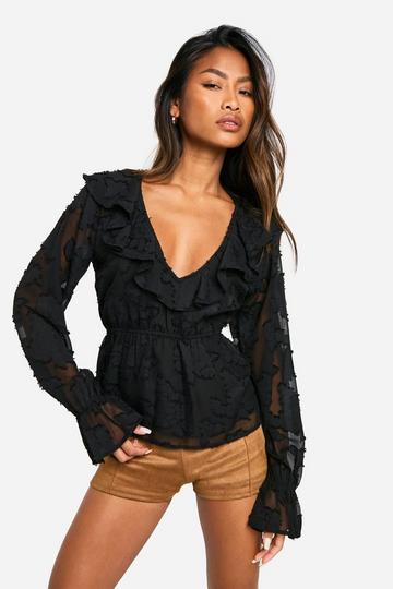 Burnout Floral Ruffle Neck And Cuff Blouse black