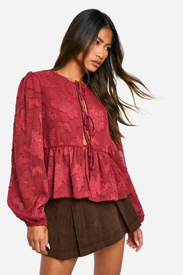 Burnout Floral Tie Front Puff Sleeve Smock Top berry