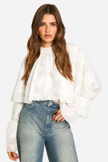 Burnout Floral High Neck Ruffle Overlay Tie Cuff Blouse white