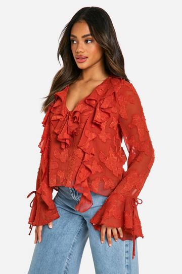 Burnout Floral Plunge Neck Ruffle Blouse rust