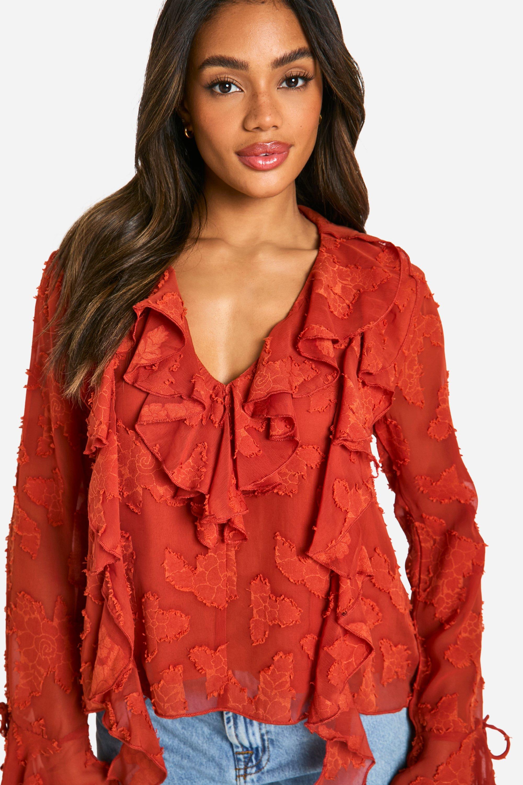 boohoo Burnout Floral Plunge Neck Ruffle Blouse Orange Size 8