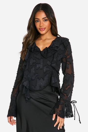 Burnout Floral Plunge Neck Ruffle Blouse black