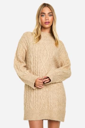 Beige Premium Cable Knit Oversized Mini Dress