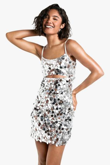 Tall Keyhole Disc Sequin Mini Dress silver