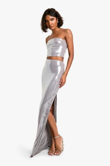 Tall Bandeau Top Met Pailletten En Maxi Rok Set silver