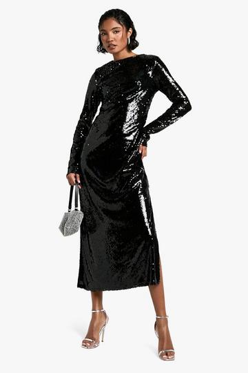 Black Tall Crew Neck Sequin Maxi Dress