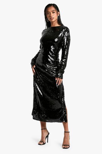 Black Petite Crew Neck Sequin Maxi Dress