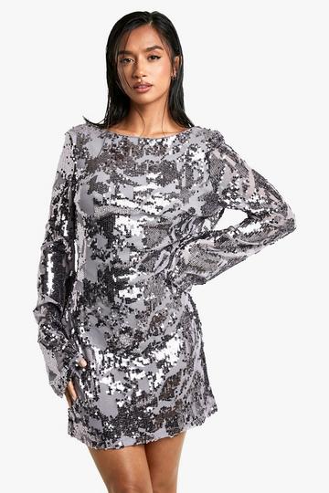 Petite Damask Sequin Scoop Back Mini Dress gun metal