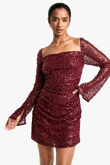 Petite Square Neck Pearl Sequin Mini Dress wine