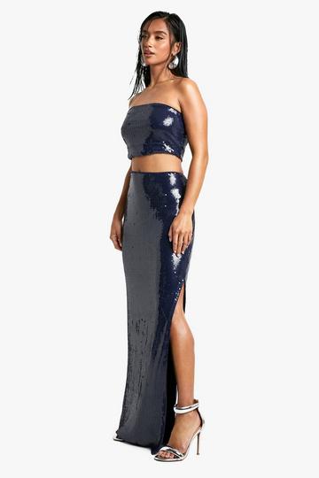 Petite Bandeau Top Met Pailletten En Maxi Rok Set navy