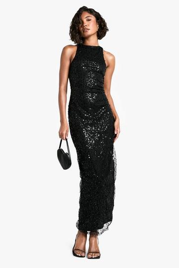 Black Tall Racer Neck Beaded Sequin Maxi Dress