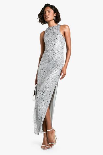 Tall Racer Neck Beaded Sequin Maxi Dress silver