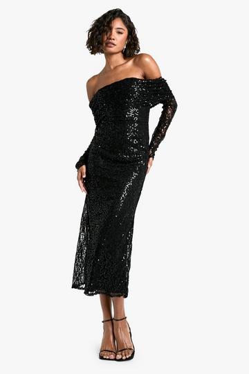 Black Tall Off The Shoulder Sequin Lace Midi Dress