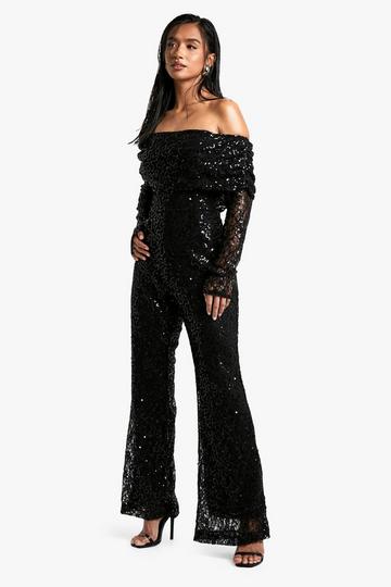 Petite Kanten Off Shoulder Jumpsuit Met Pailletten black