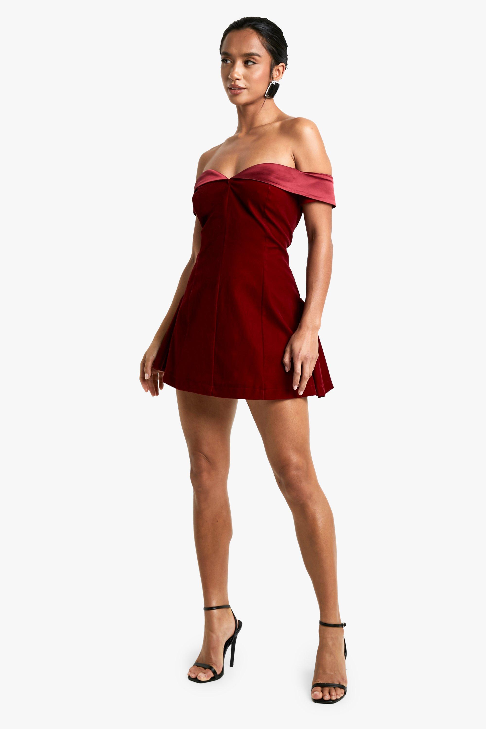 Petite Velvet Bardot Mini Dress boohoo