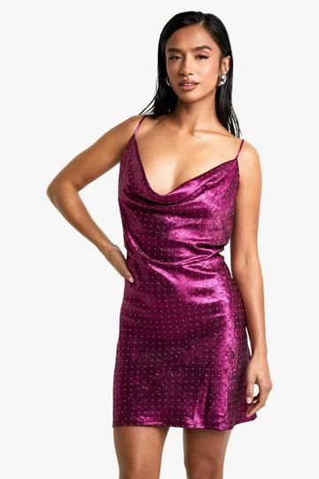 Petite Diamante Satin Slip Mini Dress magenta