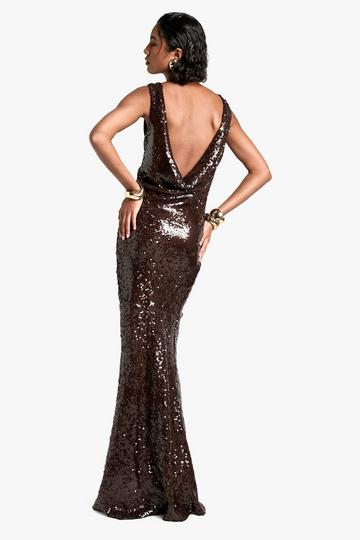 Tall Extreme Cowl Back Sequin Maxi Dress chocolate