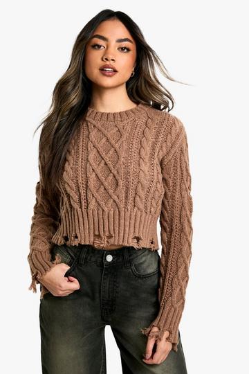 Cable Knit Distressed Hem Jumper mocha