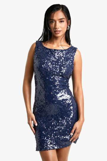 Navy Petite Extreme Cowl Back Sequin Mini Dress