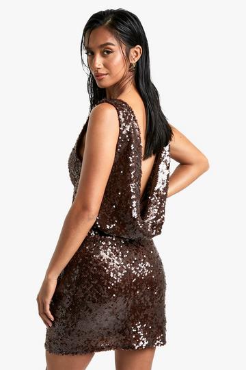 Petite Extreme Cowl Back Sequin Mini Dress chocolate