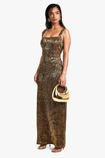 Gold Metallic Petite Square Neck Pleated Sequin Maxi Dress