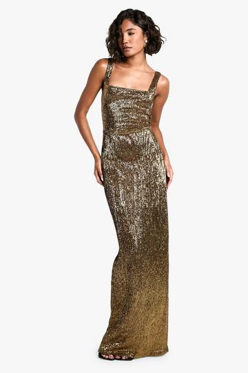 Gold Metallic Tall Pleated Sequin Square Neck Maxi Dress