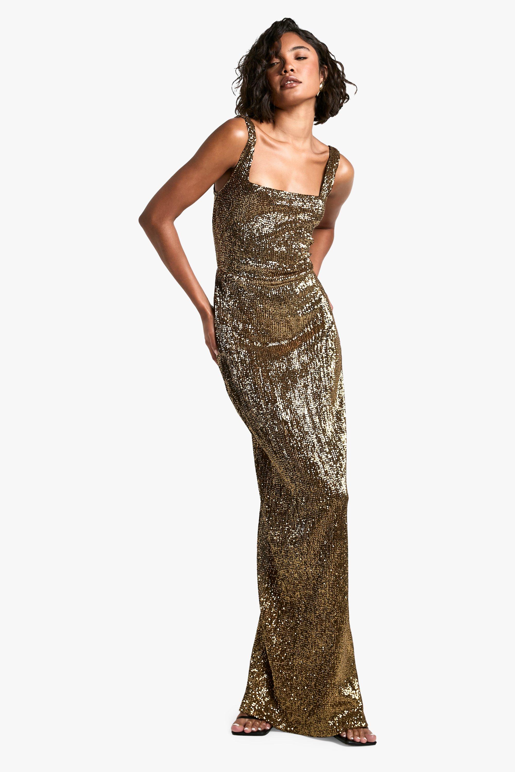 Boohoo Women s Tall Pleated Sequin Square Neck Maxi Dress Gold