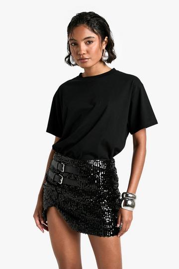 Black Tall Buckle Detail Sequin Mini Skirt