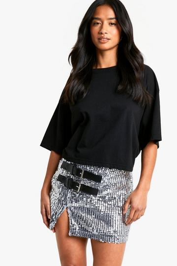 Silver Petite Buckle Detail Sequin Mini Skirt