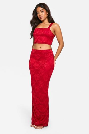 Petite Lace Square Neck Maxi Skirt Co-ord red