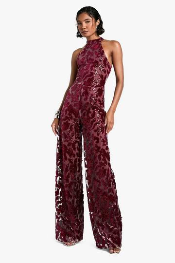 Tall Damask Wide Leg Halterneck Jumpsuit red