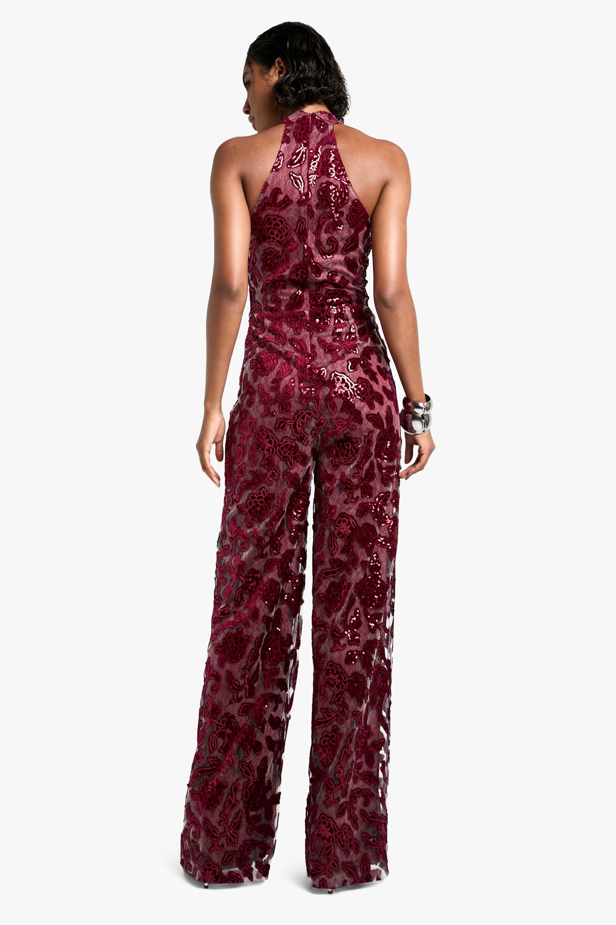 boohoo Tall Damask Wide Leg Halterneck Jumpsuit Red Size 6