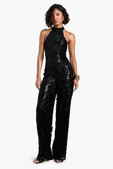 Tall Damask Wide Leg Halterneck Jumpsuit black