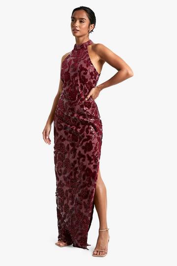 Petite Damask High Neck Maxi Dress red