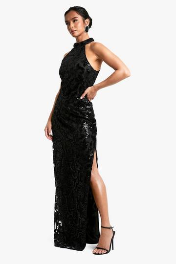 Petite Damask High Neck Maxi Dress black