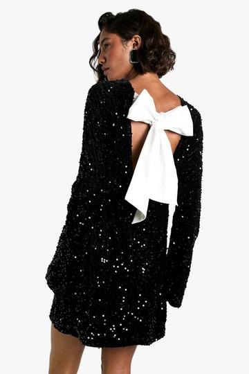 Black Tall Velvet Sequin Bow Back Mini Dress