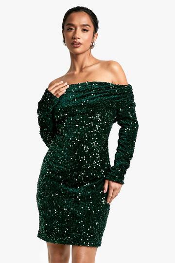 Petite Velvet Sequin Off The Shoulder Mini Dress emerald