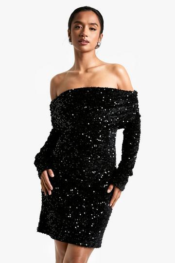 Petite Velvet Sequin Bardot Mini Dress black