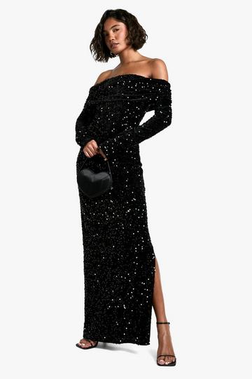 Black Tall Velvet Sequin Off The Shoulder Maxi Dress