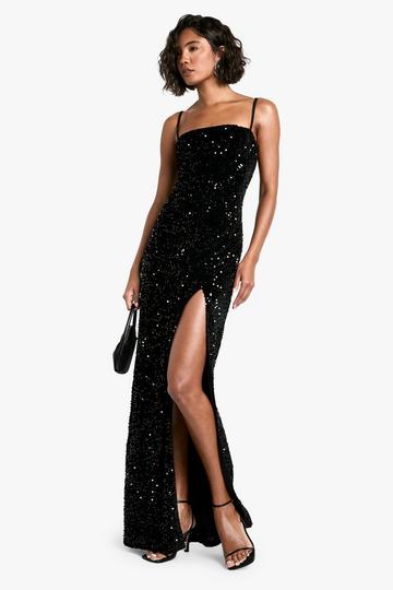 Black Tall Velvet Sequin Square Neck Maxi Dress