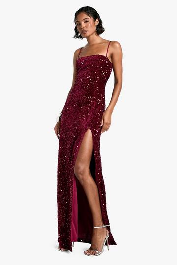 Tall Fluwelen Glitter Maxi Jurk Met Pailletten En Vierkante Hals wine