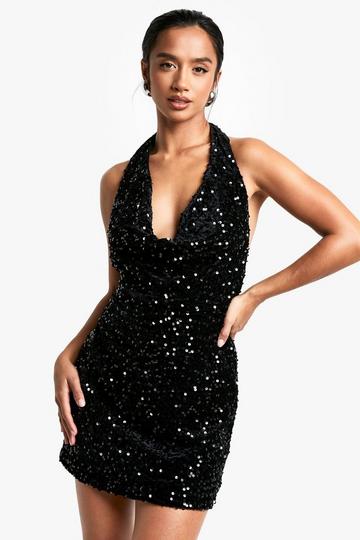 Petite Fluwelen Glitter Halter Mini Jurk Met Pailletten black