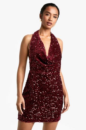 Petite Velvet Sequin Halterneck Mini Dress wine