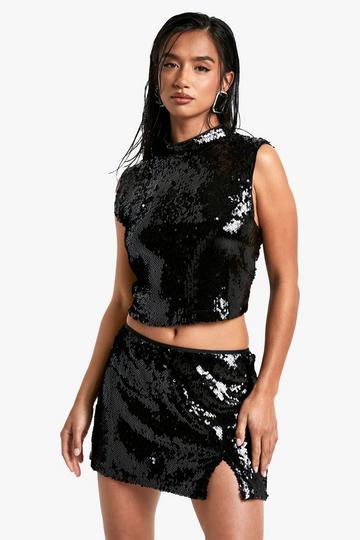 Petite Sequin High Neck Top black