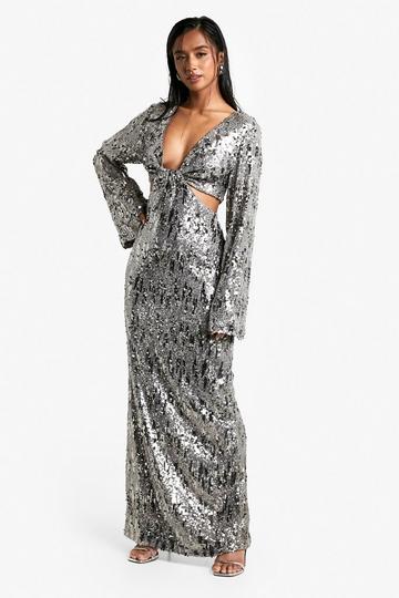 Petite Sequin Twist Front Maxi Dress gun metal