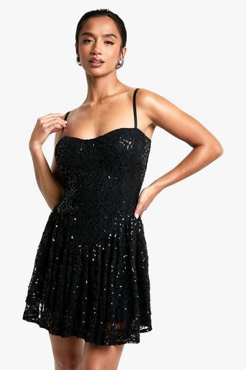 Petite Lace Sequin Dropped Waist Skater Dress black