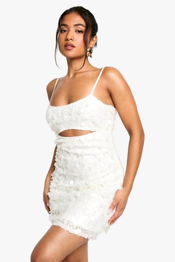 White Petite Disc Sequin Cut Out Mini Dress