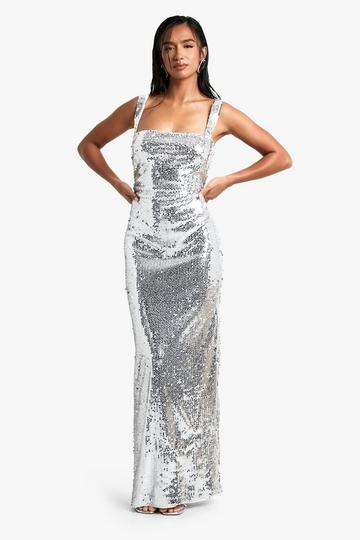 Petite Glitter Maxi Jurk Met Pailletten En Uitsnijding silver